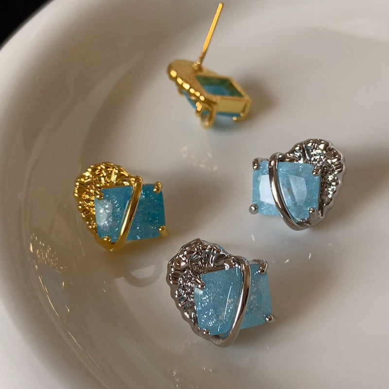 Luxury S925 Gold-Plated Platinum-Plated Lake Blue Lava-Textured Gemstone Earrings