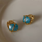 Luxury S925 Gold-Plated Platinum-Plated Lake Blue Lava-Textured Gemstone Earrings