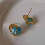 Luxury S925 Gold-Plated Platinum-Plated Lake Blue Lava-Textured Gemstone Earrings