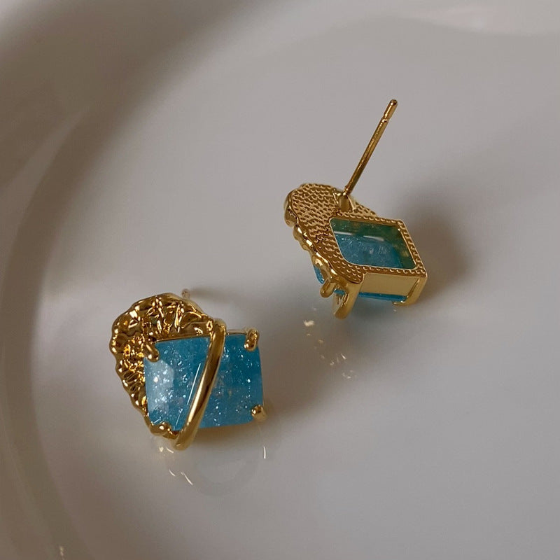 Luxury S925 Gold-Plated Platinum-Plated Lake Blue Lava-Textured Gemstone Earrings