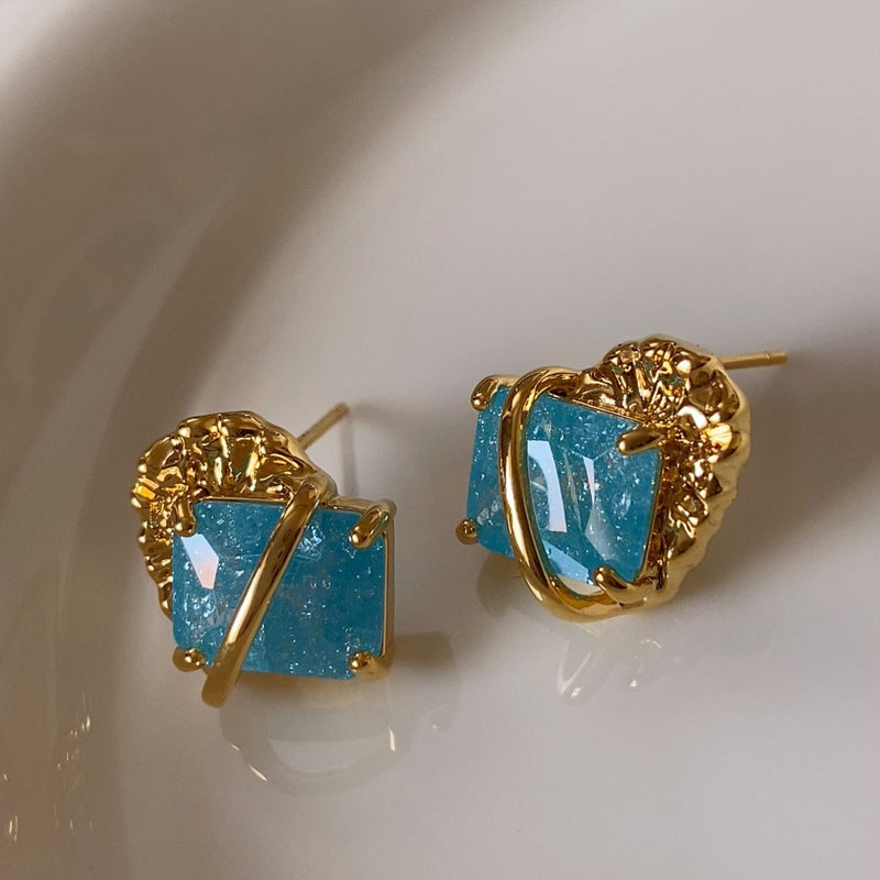 Luxury S925 Gold-Plated Platinum-Plated Lake Blue Lava-Textured Gemstone Earrings