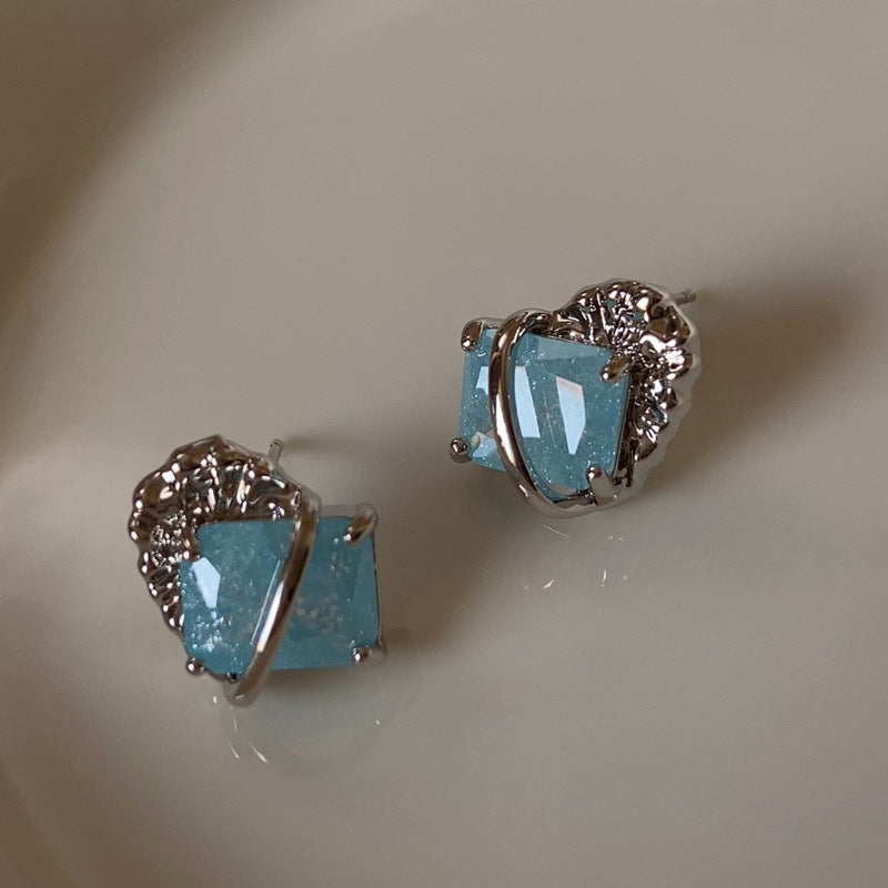 Luxury S925 Gold-Plated Platinum-Plated Lake Blue Lava-Textured Gemstone Earrings