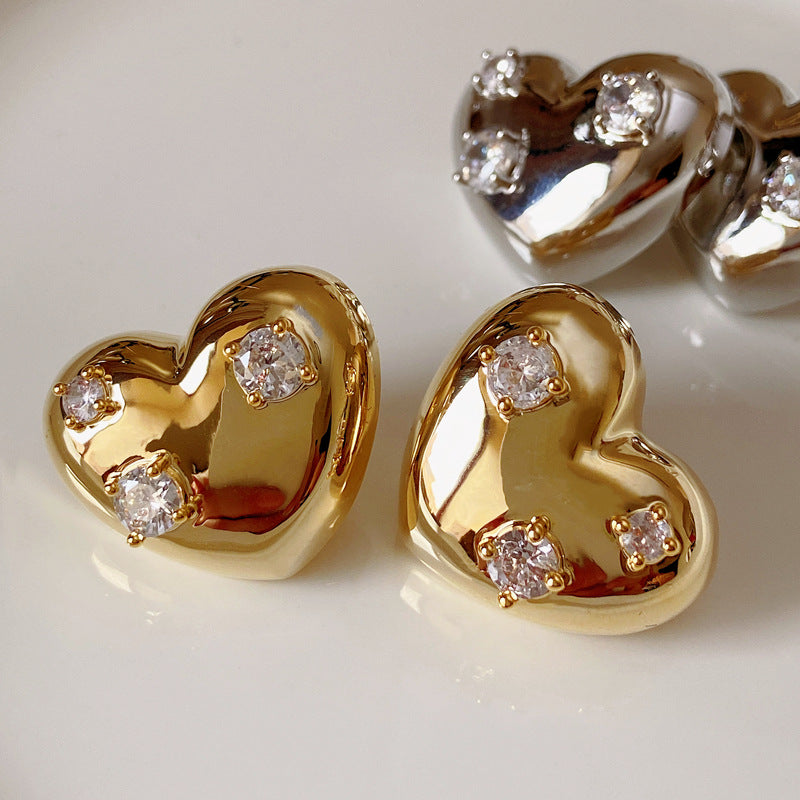 925 Sterling Silver Gold-Plated Platinum-Plated Heart Multi-Zircon Earrings