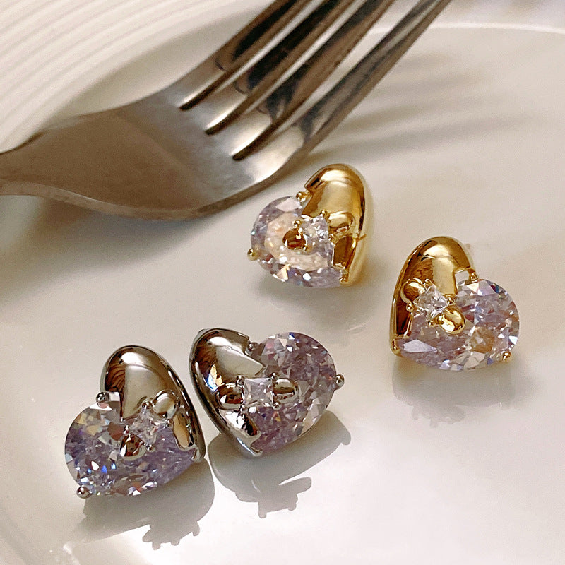 Light Luxury Gold-Plated White Gold-Plated Square Zircon Heart Zircon Earrings