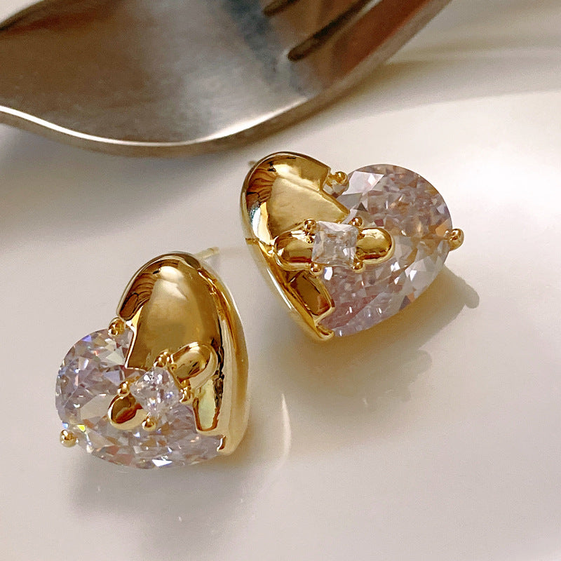 Light Luxury Gold-Plated White Gold-Plated Square Zircon Heart Zircon Earrings