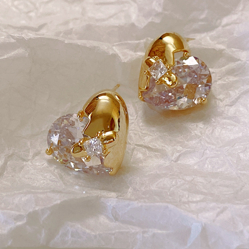 Light Luxury Gold-Plated White Gold-Plated Square Zircon Heart Zircon Earrings