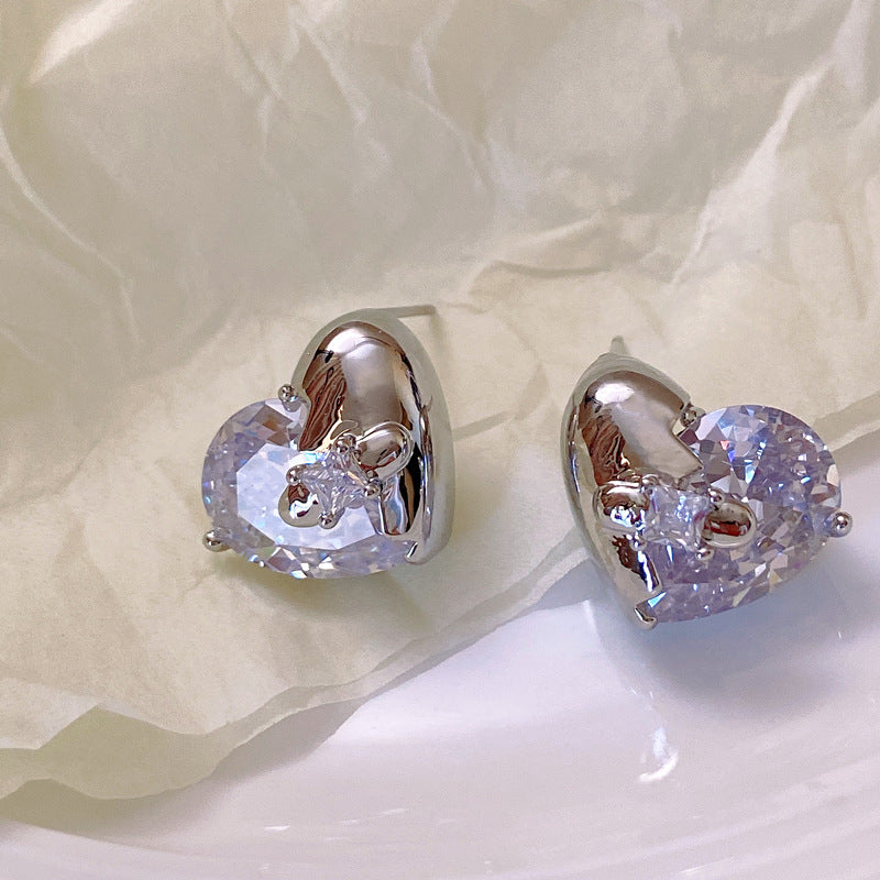 Light Luxury Gold-Plated White Gold-Plated Square Zircon Heart Zircon Earrings