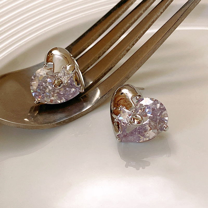 Light Luxury Gold-Plated White Gold-Plated Square Zircon Heart Zircon Earrings