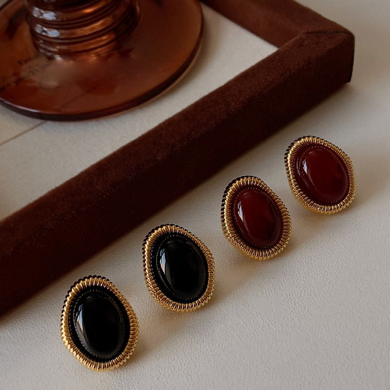 Gold-Plated 925 Sterling Silver Twisted-Border Oval Agate Earrings