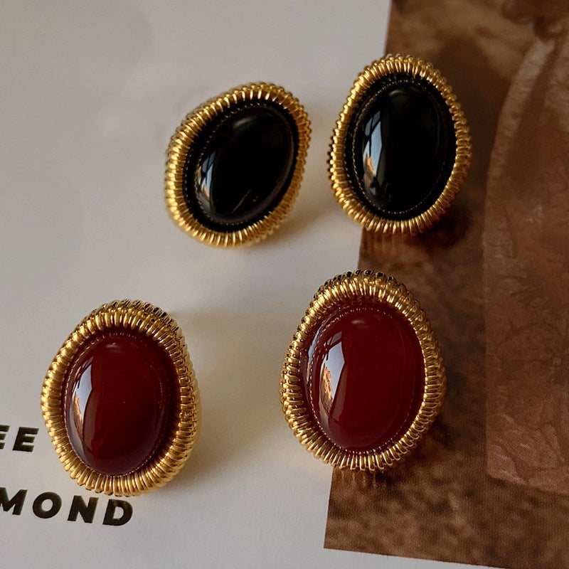 Gold-Plated 925 Sterling Silver Twisted-Border Oval Agate Earrings