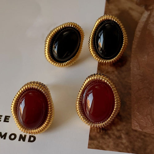 Gold-Plated 925 Sterling Silver Twisted-Border Oval Agate Earrings