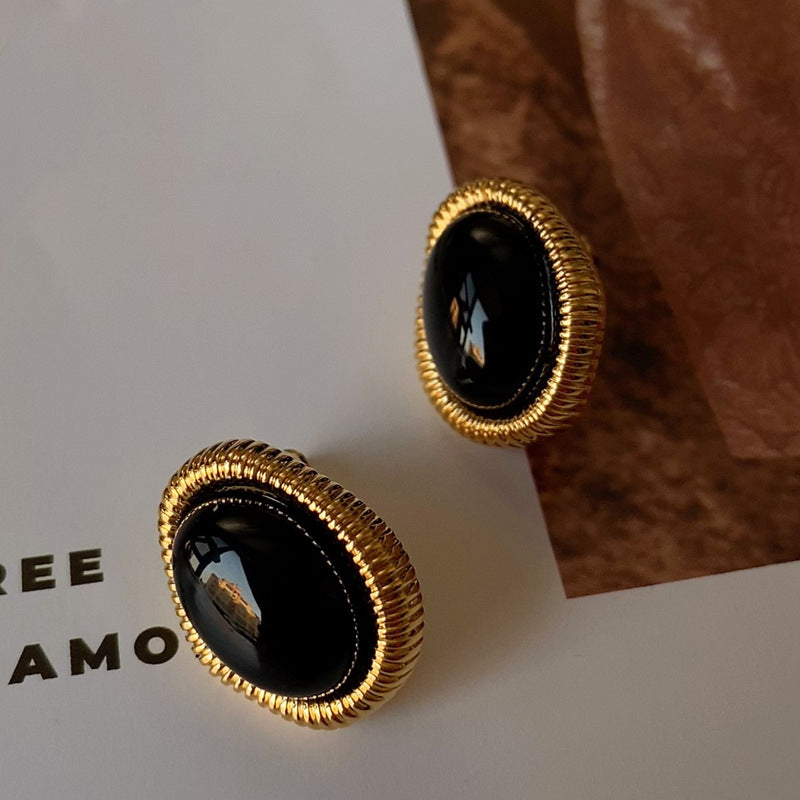 Gold-Plated 925 Sterling Silver Twisted-Border Oval Agate Earrings
