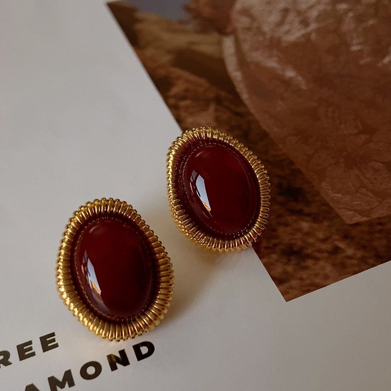 Gold-Plated 925 Sterling Silver Twisted-Border Oval Agate Earrings