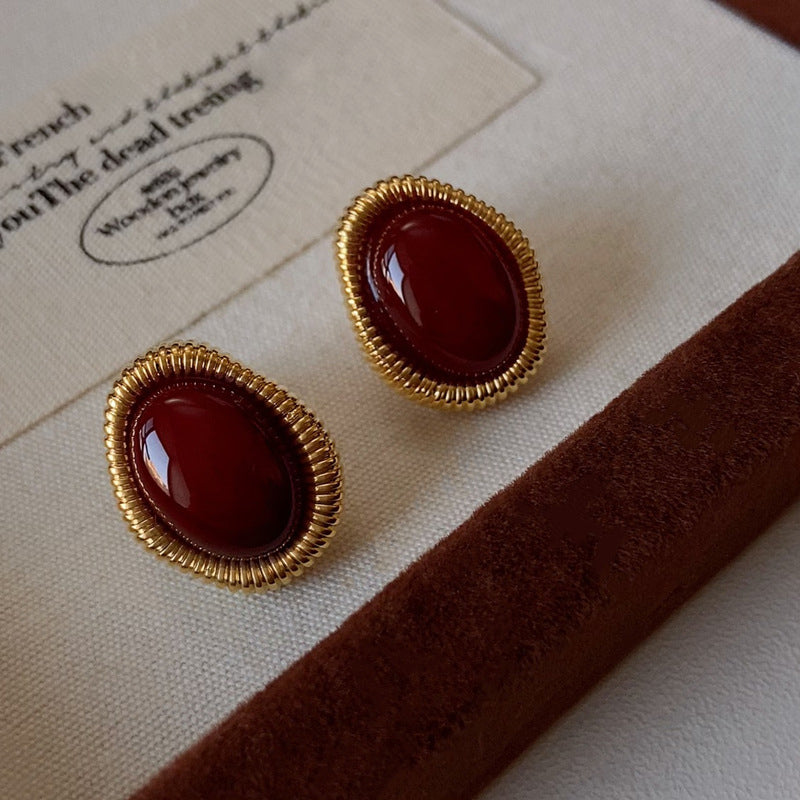 Gold-Plated 925 Sterling Silver Twisted-Border Oval Agate Earrings