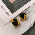 Vintage Luxury Gold-Plated Square Wheat-Ear Black Gemstone Earrings