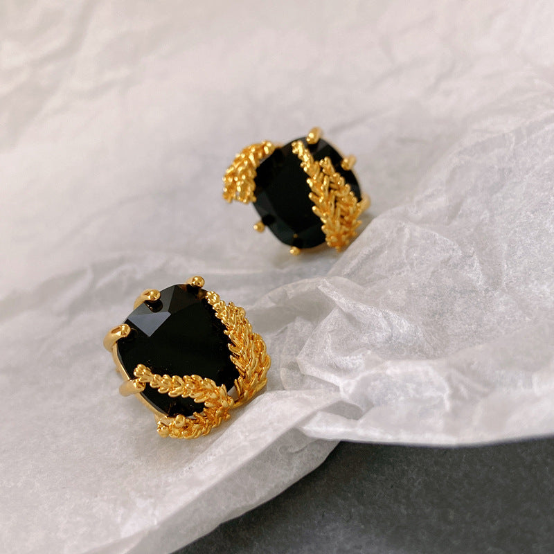 Vintage Luxury Gold-Plated Square Wheat-Ear Black Gemstone Earrings