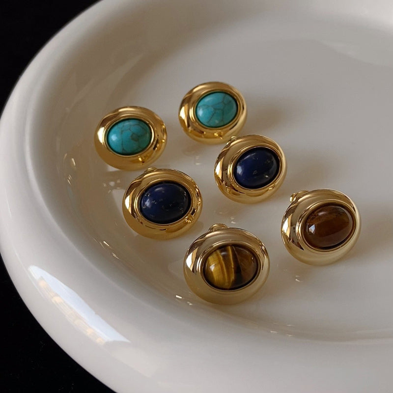 Vintage Gold-Plated Round Frame Oval Natural Stone Earrings