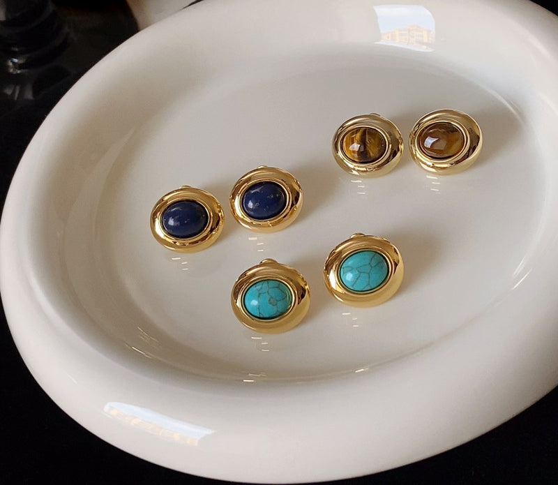 Vintage Gold-Plated Round Frame Oval Natural Stone Earrings