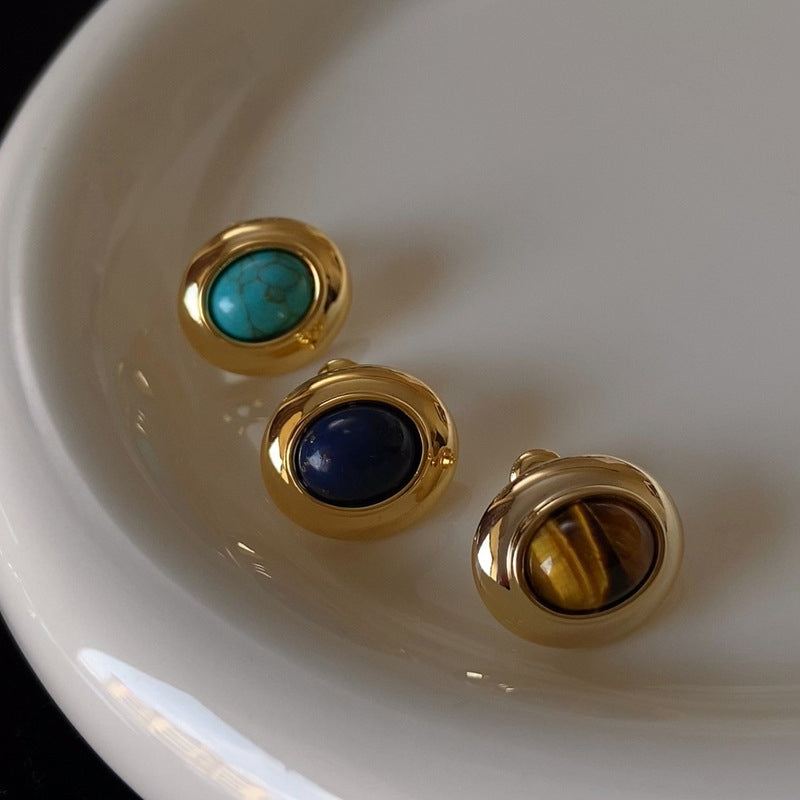 Vintage Gold-Plated Round Frame Oval Natural Stone Earrings