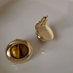 Vintage Gold-Plated Round Frame Oval Natural Stone Earrings
