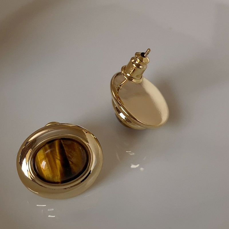Vintage Gold-Plated Round Frame Oval Natural Stone Earrings