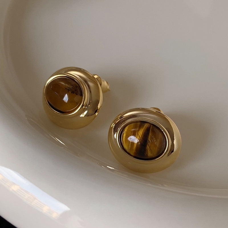 Vintage Gold-Plated Round Frame Oval Natural Stone Earrings