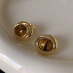 Vintage Gold-Plated Round Frame Oval Natural Stone Earrings