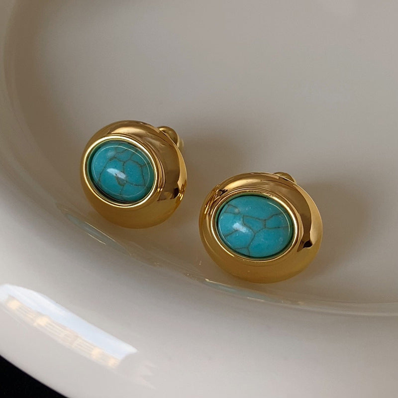 Vintage Gold-Plated Round Frame Oval Natural Stone Earrings