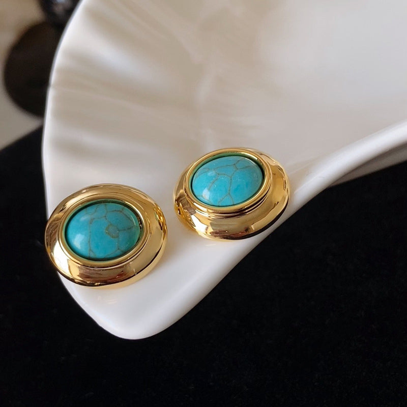 Vintage Gold-Plated Round Frame Oval Natural Stone Earrings