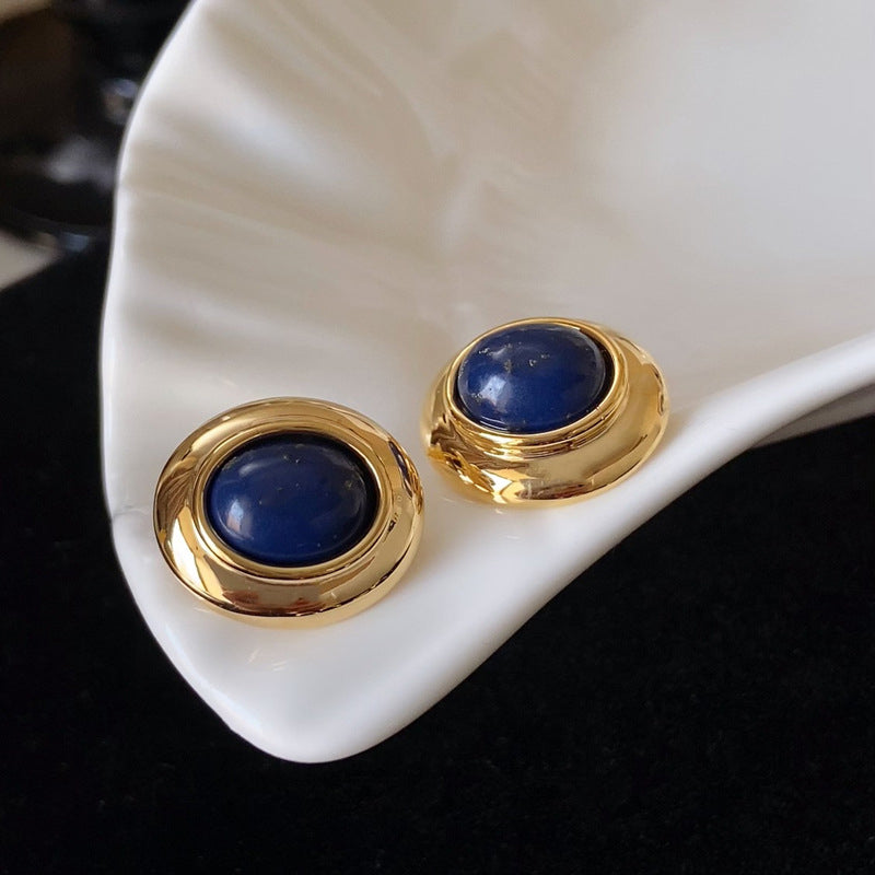 Vintage Gold-Plated Round Frame Oval Natural Stone Earrings