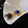 Vintage Gold-Plated Round Frame Oval Natural Stone Earrings