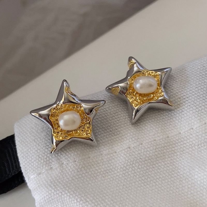 Light Luxury Gold-Plated Two-Tone Star-Shaped  Pearl Earrings