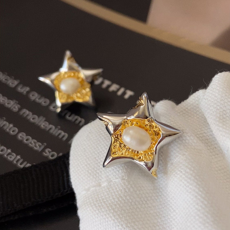 Light Luxury Gold-Plated Two-Tone Star-Shaped  Pearl Earrings