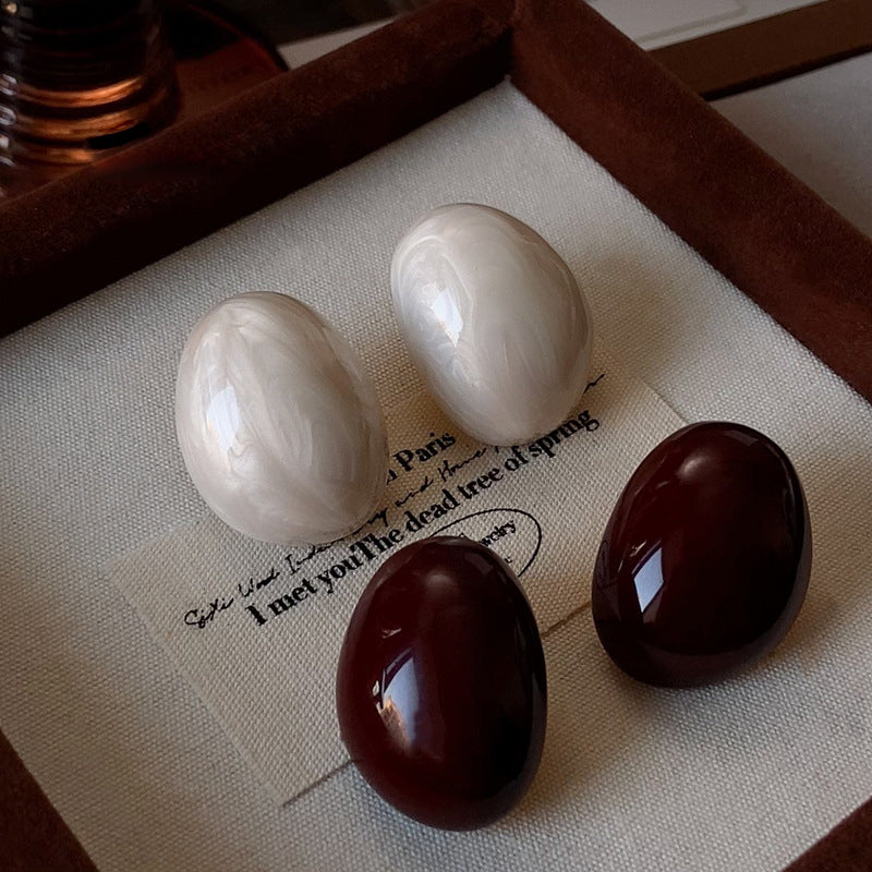 Enamel S925 Sterling Silver Wine-Red Off-White Oval Earrings