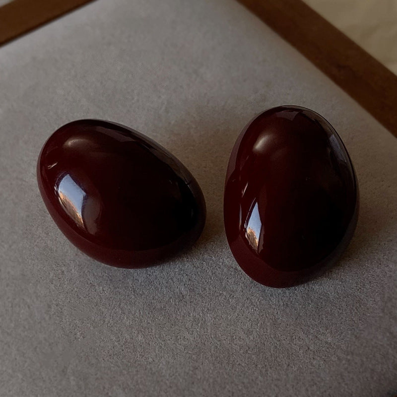Enamel S925 Sterling Silver Wine-Red Off-White Oval Earrings