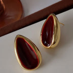 Vintage Luxury Gold-Plated Enamel Wine-Red Drop-Shaped Earrings