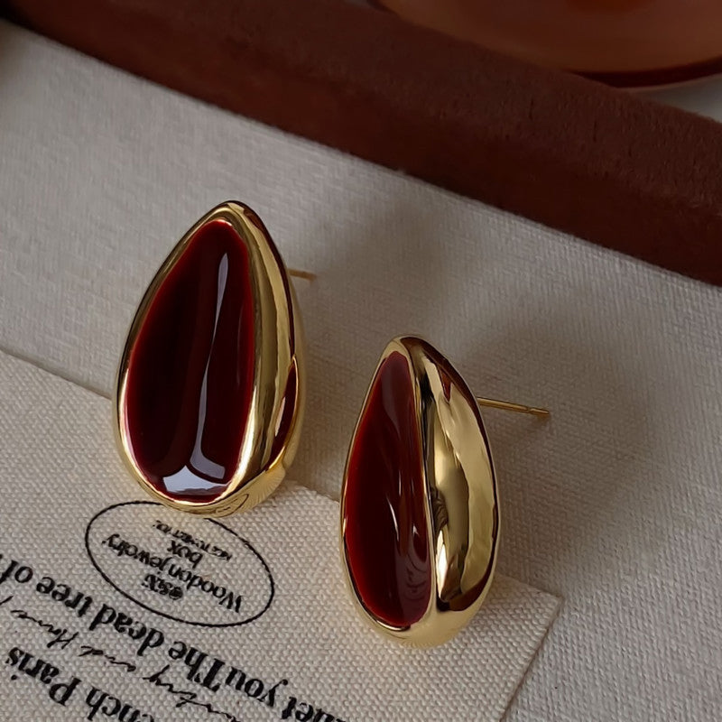 Vintage Luxury Gold-Plated Enamel Wine-Red Drop-Shaped Earrings