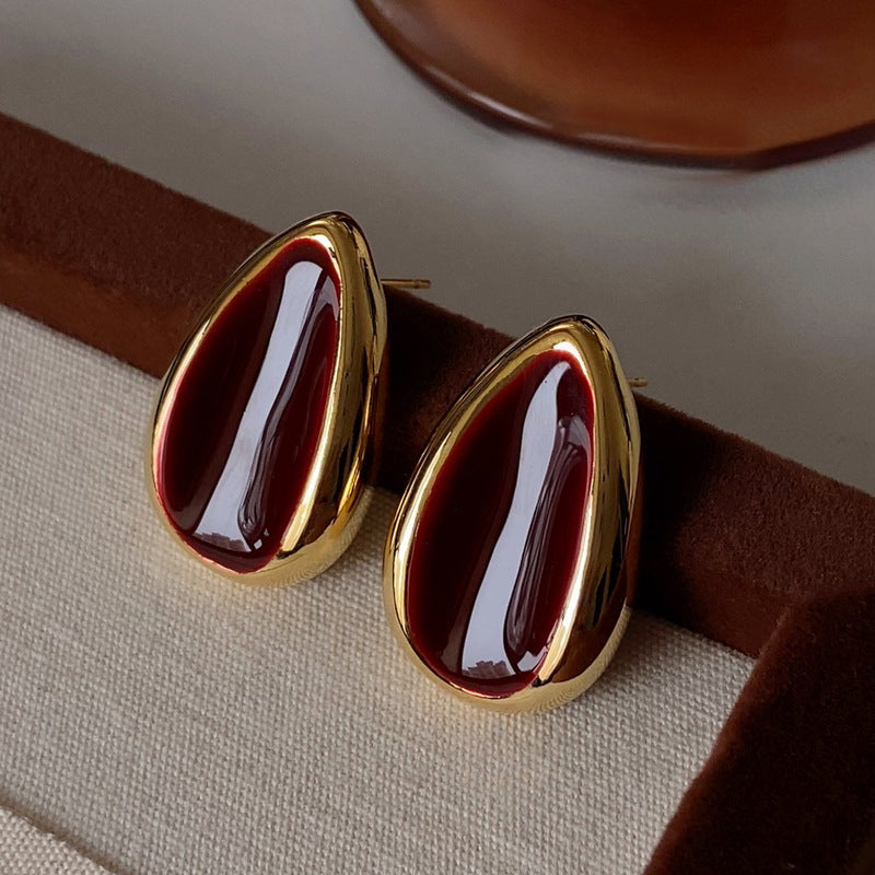 Vintage Luxury Gold-Plated Enamel Wine-Red Drop-Shaped Earrings