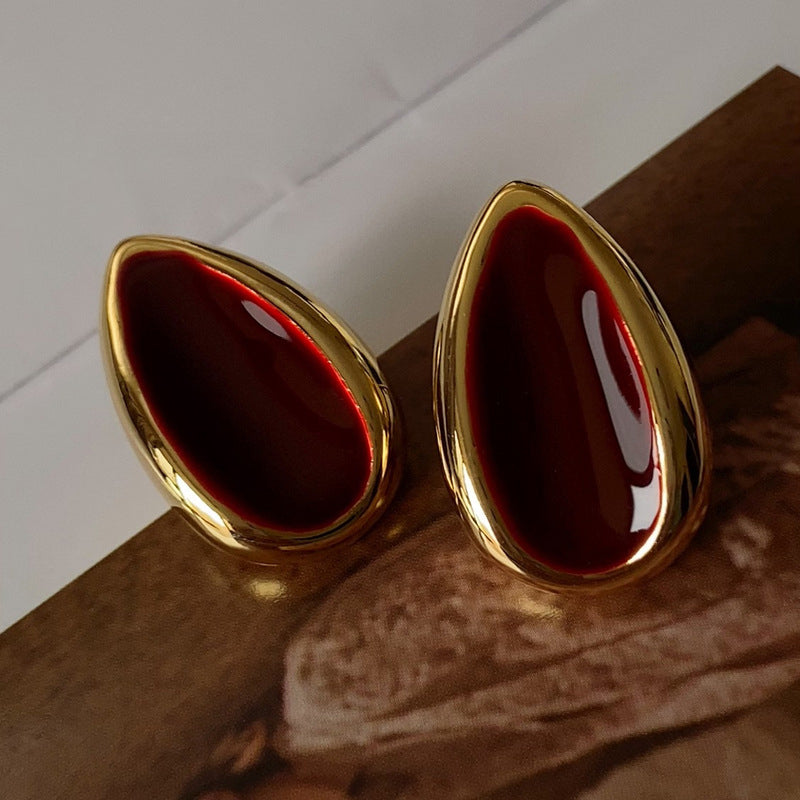 Vintage Luxury Gold-Plated Enamel Wine-Red Drop-Shaped Earrings