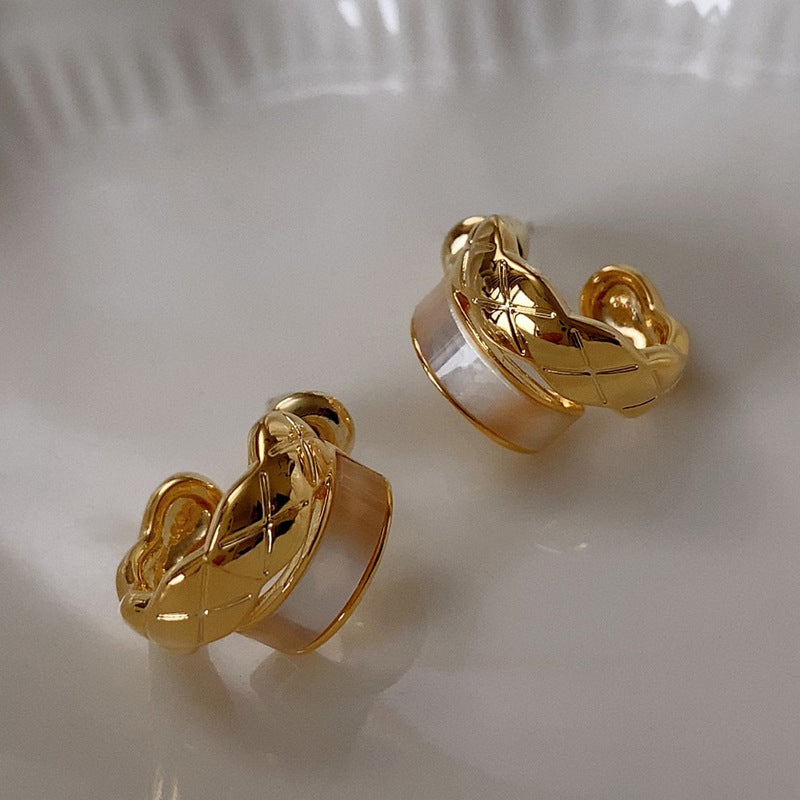 Gold-Plated 925 Sterling Silver C-Shaped Natural Mother-of-Pearl Earrings