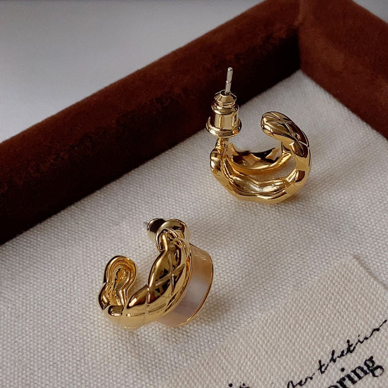 Gold-Plated 925 Sterling Silver C-Shaped Natural Mother-of-Pearl Earrings