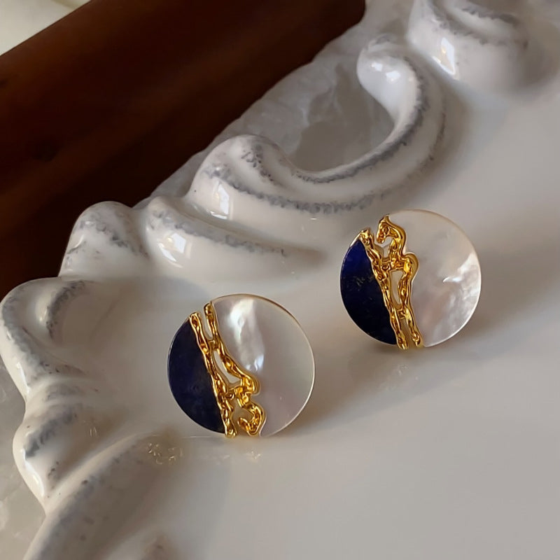 Gold-Plated S925 Sterling Silver Round Mother-of-Pearl Lapis Lazuli Earrings