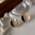 Gold-Plated S925 Sterling Silver Round Mother-of-Pearl Lapis Lazuli Earrings