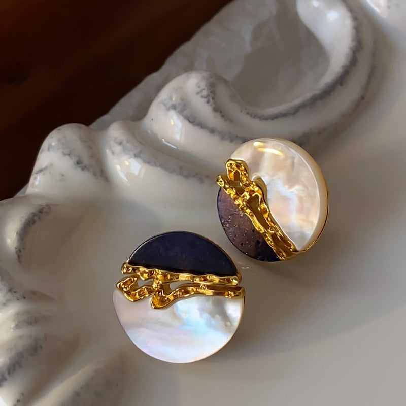 Gold-Plated S925 Sterling Silver Round Mother-of-Pearl Lapis Lazuli Earrings