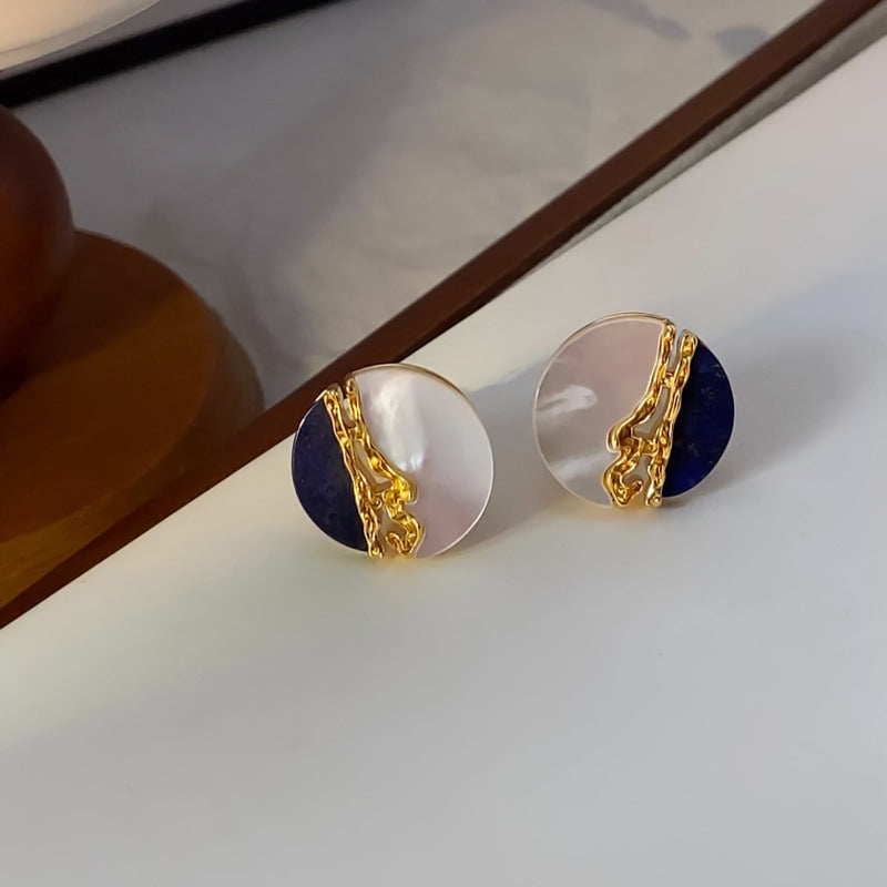 Gold-Plated S925 Sterling Silver Round Mother-of-Pearl Lapis Lazuli Earrings
