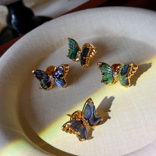 925 Sterling Silver Gold-Plated Butterfly-Shaped Zircon Abalone Earrings