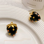 Sweet-Cool Gold-Plated S925 Sterling Silver Black-Gold Strawberry-Shaped Earrings