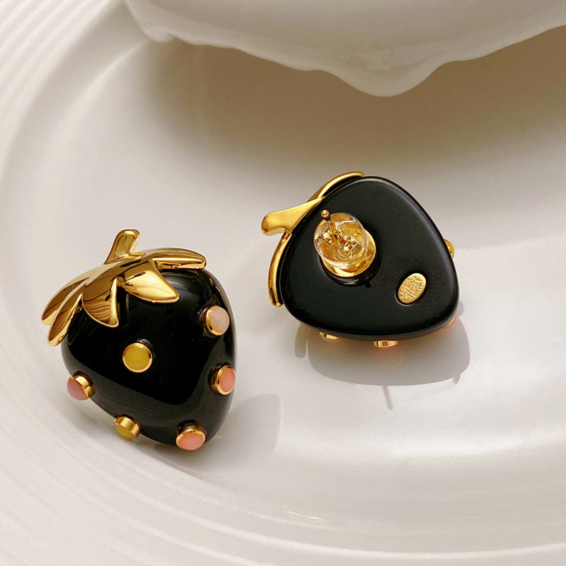 Sweet-Cool Gold-Plated S925 Sterling Silver Black-Gold Strawberry-Shaped Earrings