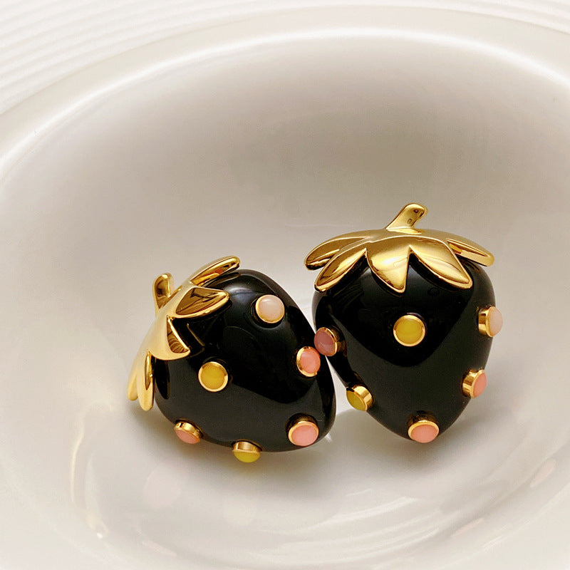 Sweet-Cool Gold-Plated S925 Sterling Silver Black-Gold Strawberry-Shaped Earrings