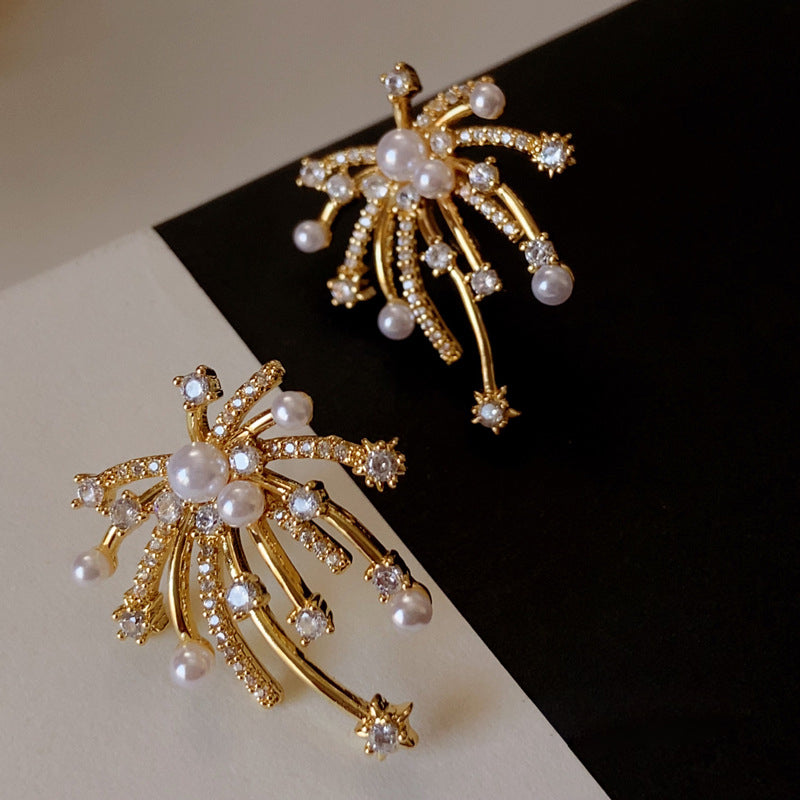 Luxury Gold-Plated Firework Zircon Faux Pearl Earrings